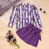 Toddler Girl Purple Rose Print Girls Outfit, Spring Fall Stripe Top With Belt Skirts Set Holiday Going Out Clothes by maamgic