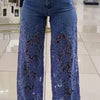 Y2K Lace Flowers Hollow Jeans Fashion High Waist Straight Wide Leg Pants Solid Color Trousers Women's Clothing