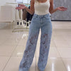 Y2K Lace Flowers Hollow Jeans Fashion High Waist Straight Wide Leg Pants Solid Color Trousers Women's Clothing