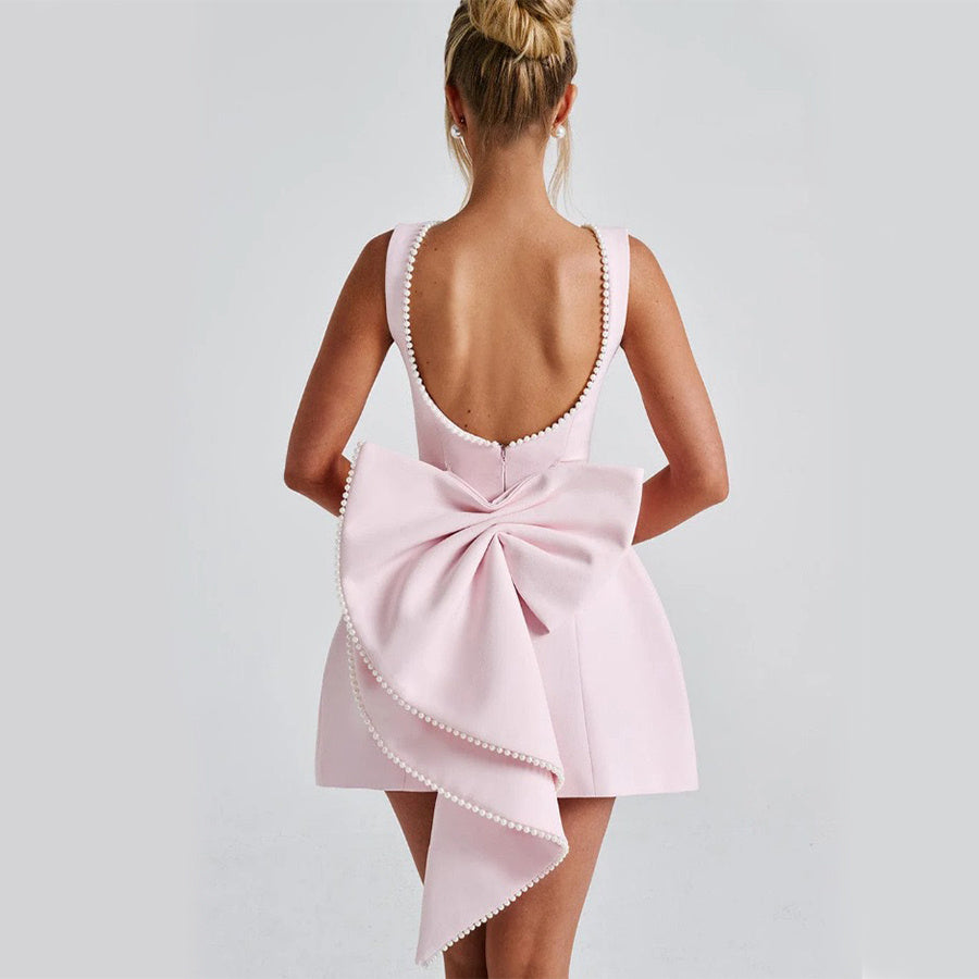 Women's Big Bow Pearl Backless Dress – Elegant Evening Wear