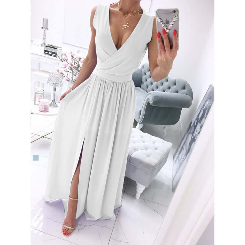 Solid V-Neck Sleeve Dress