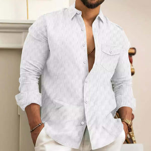 Men's Plaid Jacquard Chest Pocket Lapels Long Sleeve Lapel Shirt