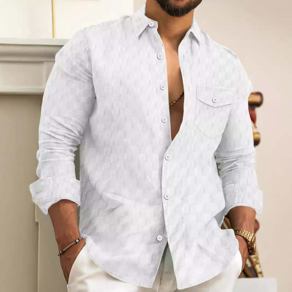 Men's Plaid Jacquard Chest Pocket Lapels Long Sleeve Lapel Shirt