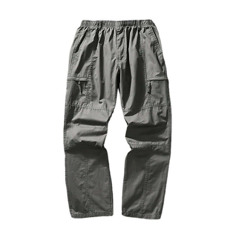Men's loose outdoor sport climbing trousers in light gray, high waist, multi-pocket design, made from cotton blend.