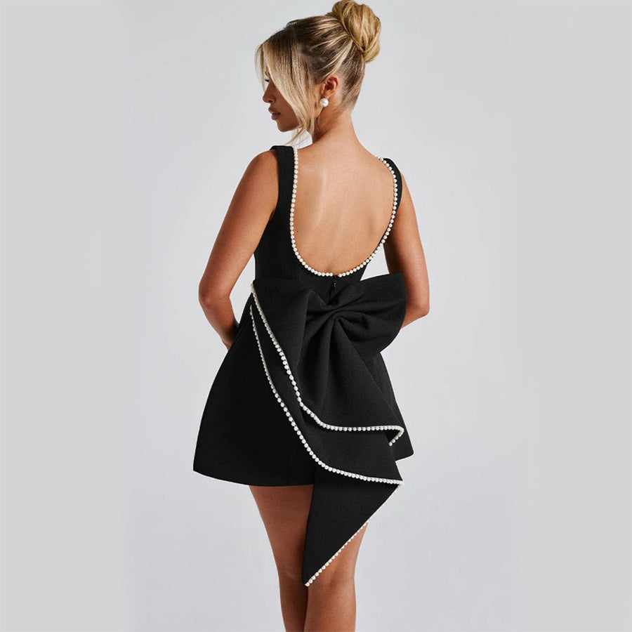 Women's Big Bow Pearl Backless Dress – Elegant Evening Wear