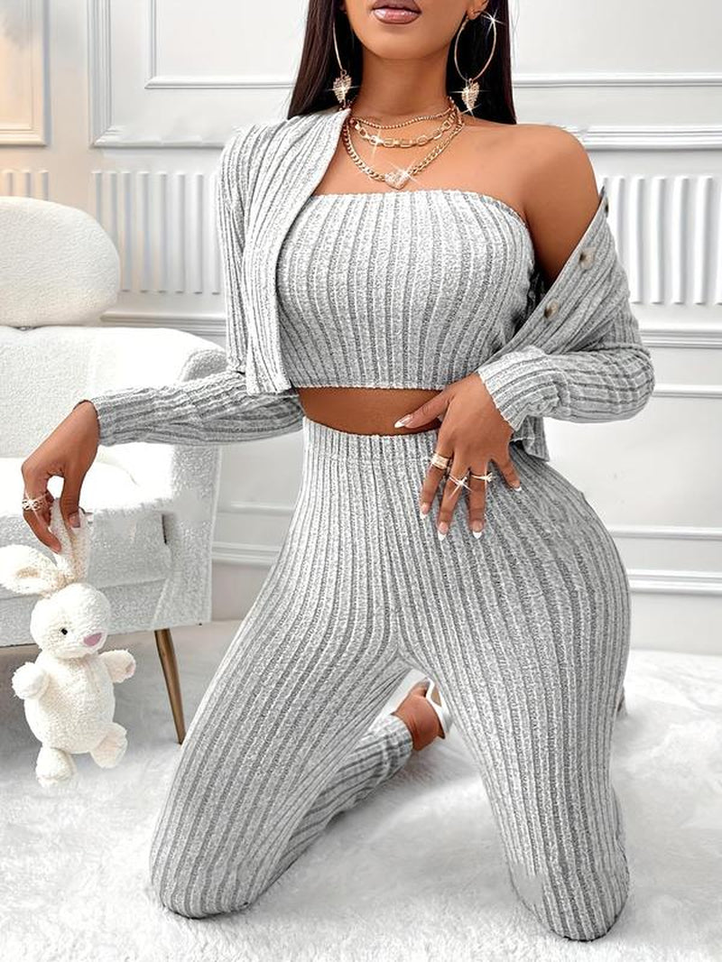 Chic 3-Piece Women's Casual Sporty Set: Ribbed Crop Tube Top, High Waist Leggings & Open Front Long Sleeve Jacket for Spring & Fall