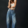 High Stretch Mid-Rise Barrel Jeans Fashion Wide Leg Shape Women Casual Baggy Mid Waist Denim Jeans