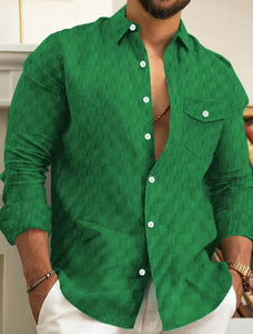 Men's Plaid Jacquard Chest Pocket Lapels Long Sleeve Lapel Shirt