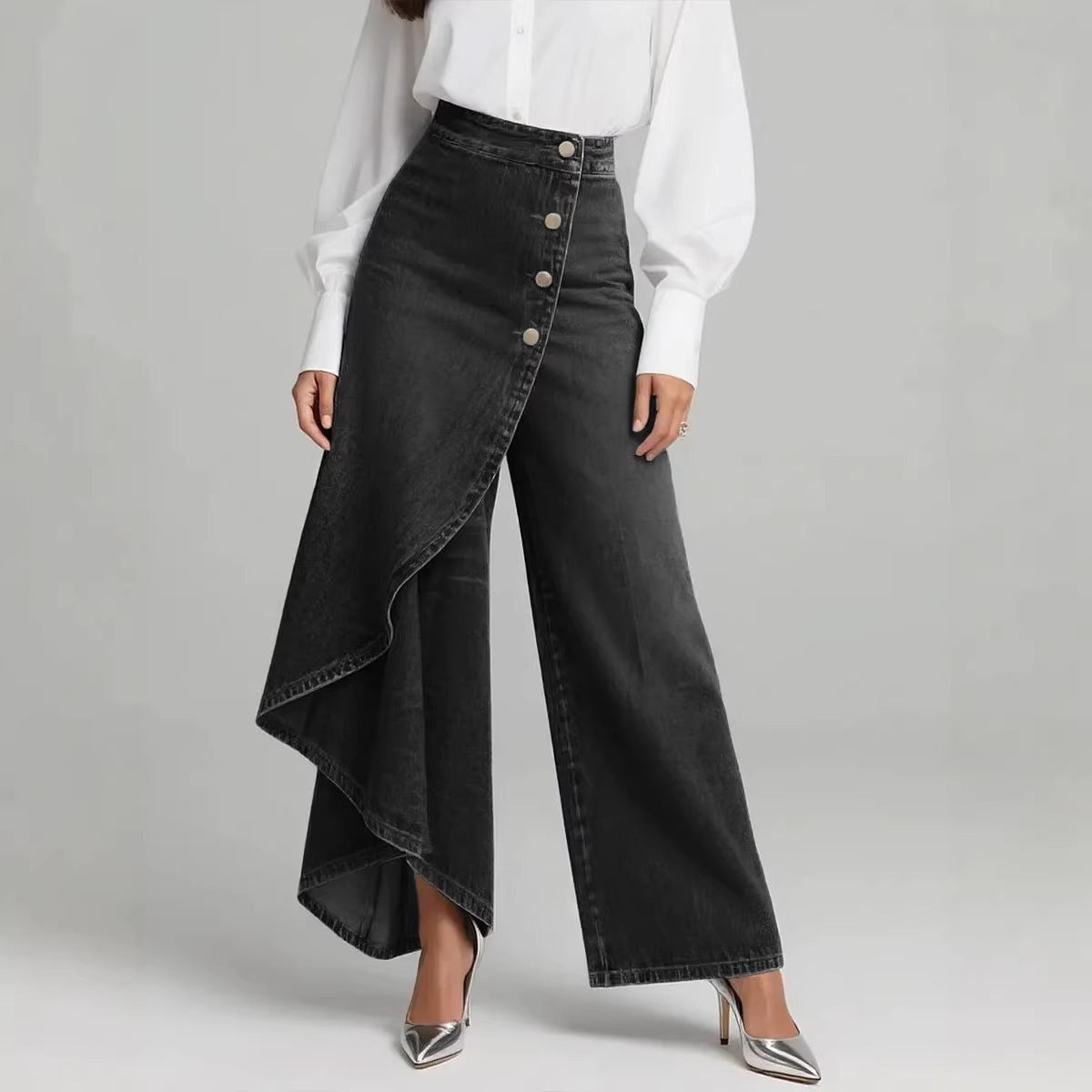 Unique Straight-leg Pants Fashion Large Ruffled Buttons Trousers Women's Faux Jeans Clothing