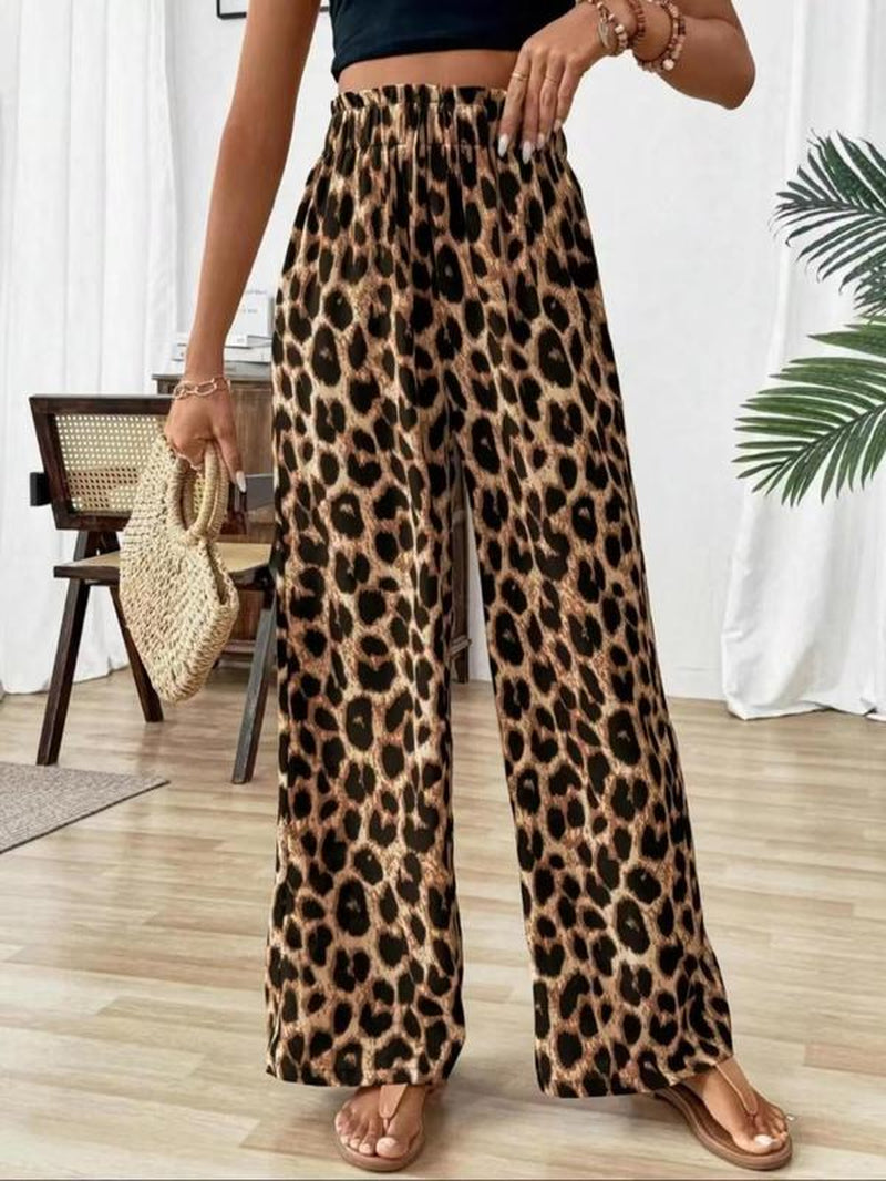 Women'S Leopard Print Wide Leg Pants, Casual Comfy Trousers for Daily Wear, Ladies Bottoms for All Seasons
