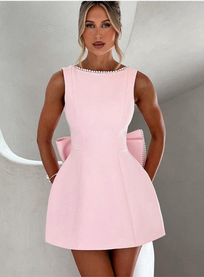 Women's Big Bow Pearl Backless Dress – Elegant Evening Wear