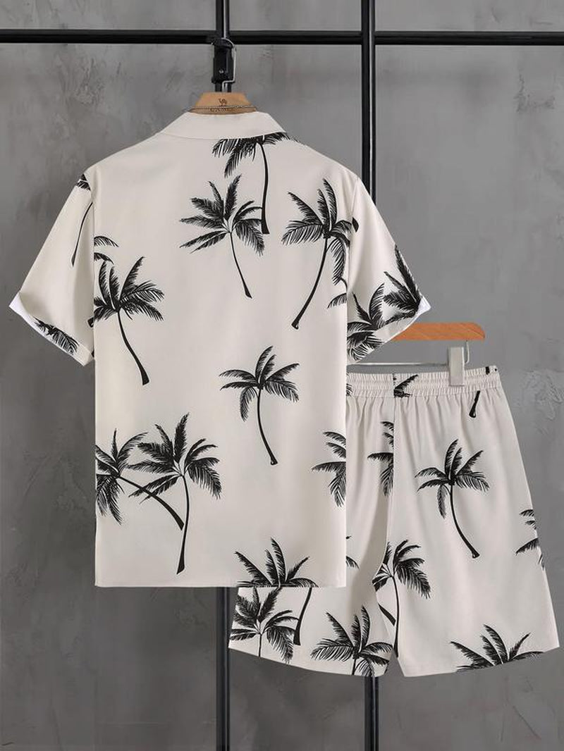 Men's Floral Print Button-Up Pajama Set with Shorts, Casual Regular Fit Short Sleeve Top and Shorts Sleepwear for Summer