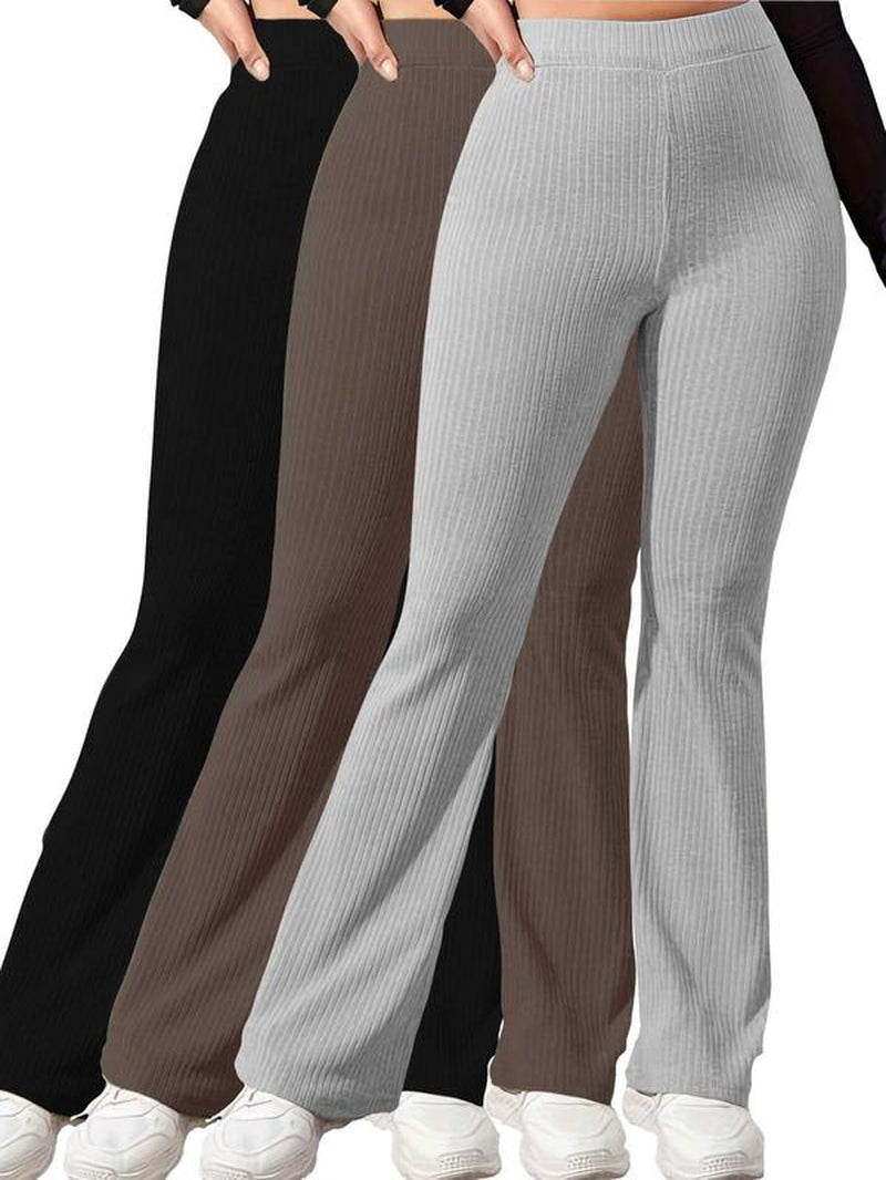 Women'S Plain High Waist Ribbed Flare Leg Pants, Basic Comfort Elastic Waist Bell Bottom Trousers Flared Pants, Rib Flares Pants, Lady Summer Bottoms for Daily Wear, Womenswear Rib Flares, Flare Pants