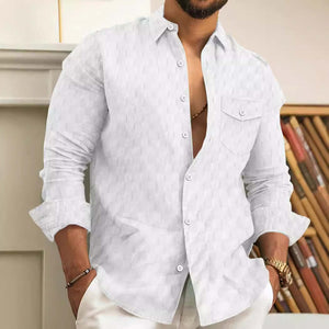 Men's Plaid Jacquard Chest Pocket Lapels Long Sleeve Lapel Shirt