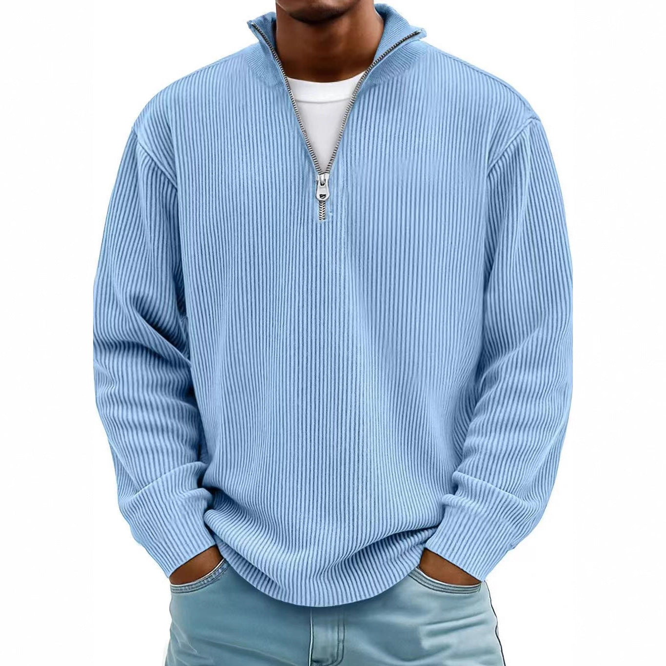 Corduroy Zipper Stand Collar Sweatshirt Fashion Warm Solid Color Long Sleeve Top Men's Casual Polo Shirt Clothing