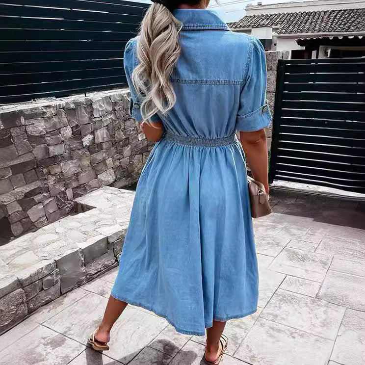 Women's Blue Denim A-Line Midi Dress – Chic & Timeless Style