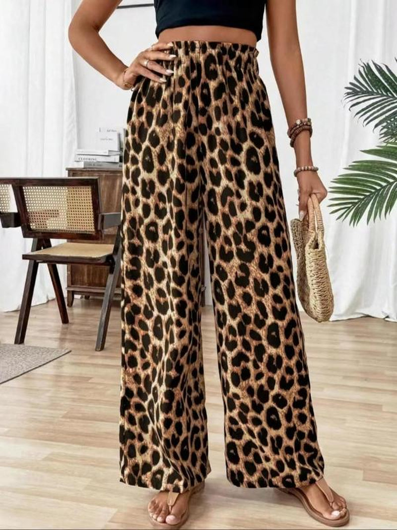Women'S Leopard Print Wide Leg Pants, Casual Comfy Trousers for Daily Wear, Ladies Bottoms for All Seasons