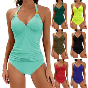 2pcs Solid Color Halter Neck Bikini Beach Fashion Sexy V Neck Swimsuit