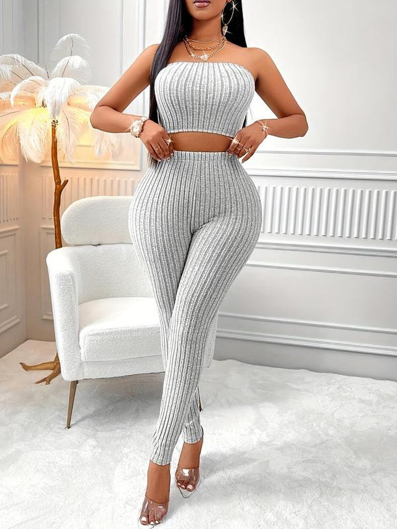 Chic 3-Piece Women's Casual Sporty Set: Ribbed Crop Tube Top, High Waist Leggings & Open Front Long Sleeve Jacket for Spring & Fall
