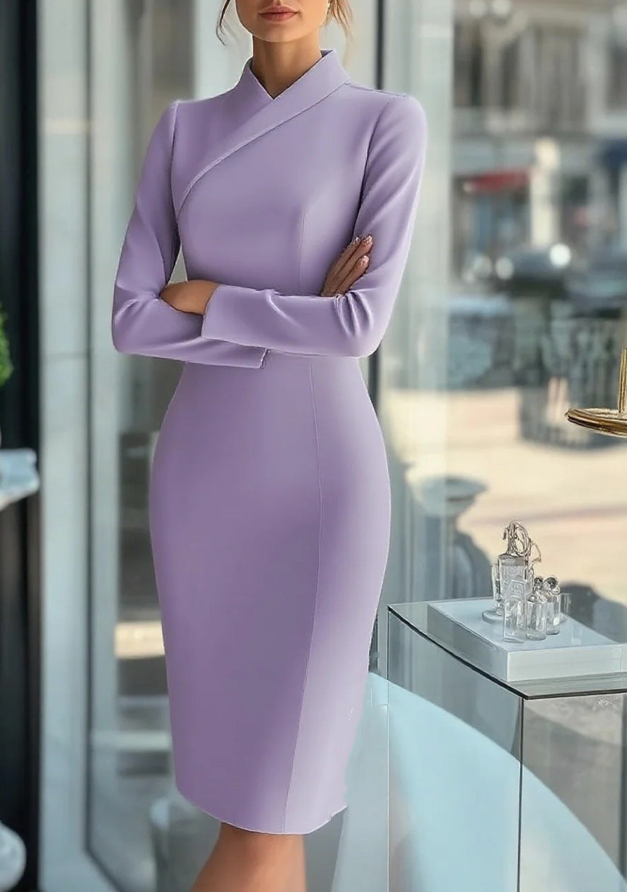Solid Color Fashion Commuter Long-sleeve High-neck Slim-fit Long Pencil Skirt