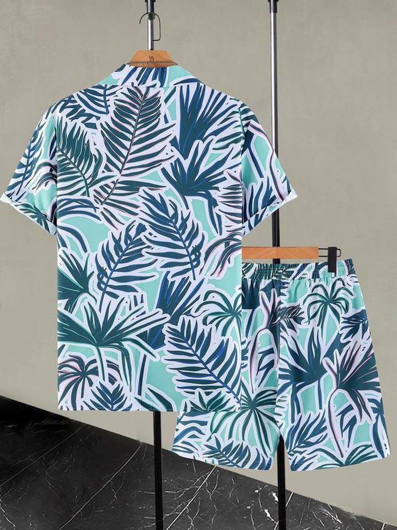 Men's Floral Print Button-Up Pajama Set with Shorts, Casual Regular Fit Short Sleeve Top and Shorts Sleepwear for Summer