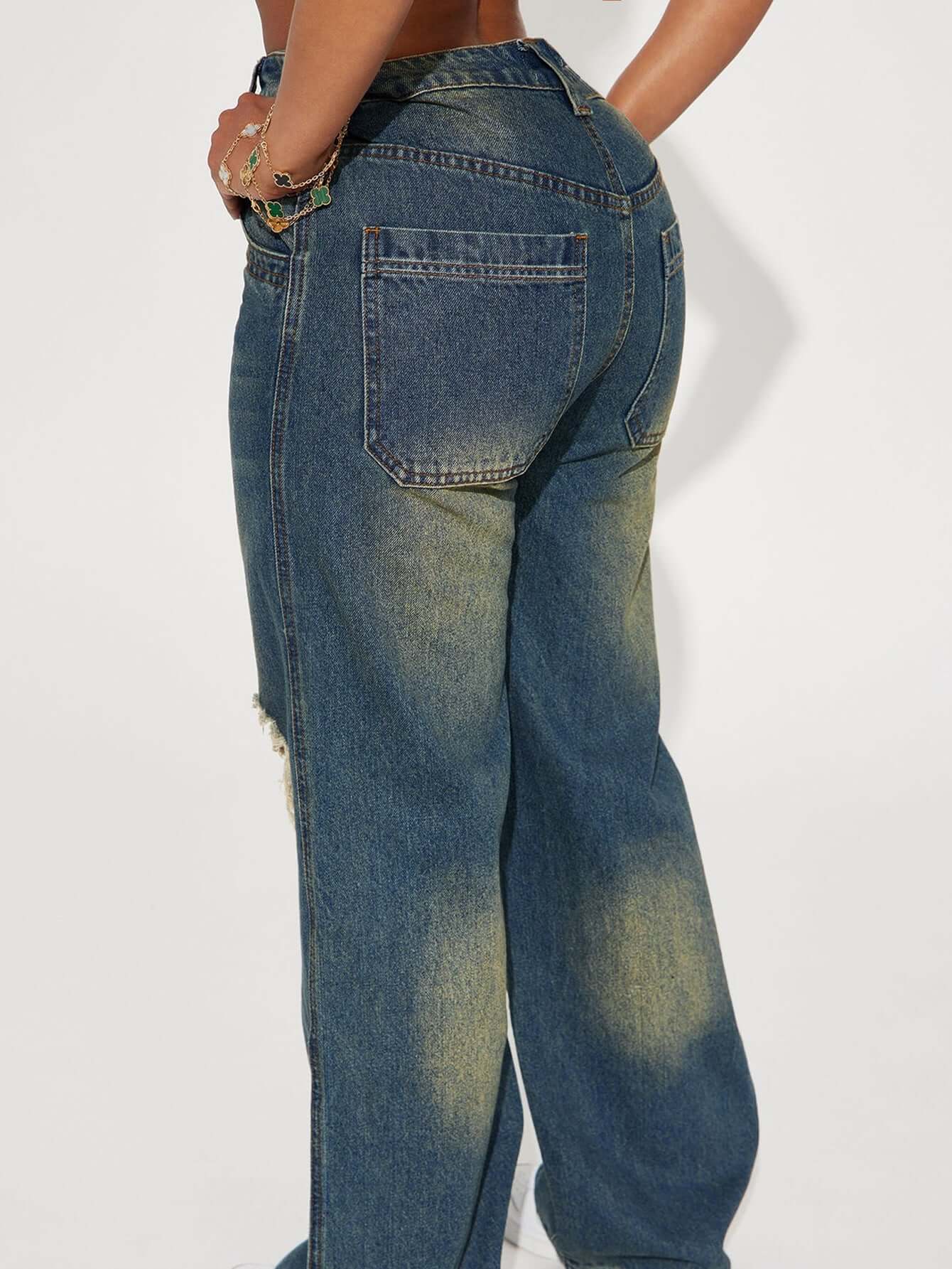 Retro Ripped Wide-Leg Jeans