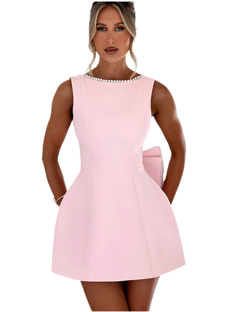 Women's Big Bow Pearl Backless Dress – Elegant Evening Wear
