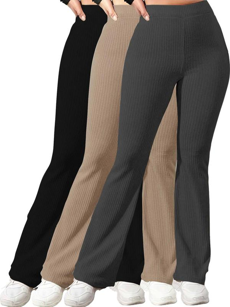 Women'S Plain High Waist Ribbed Flare Leg Pants, Basic Comfort Elastic Waist Bell Bottom Trousers Flared Pants, Rib Flares Pants, Lady Summer Bottoms for Daily Wear, Womenswear Rib Flares, Flare Pants