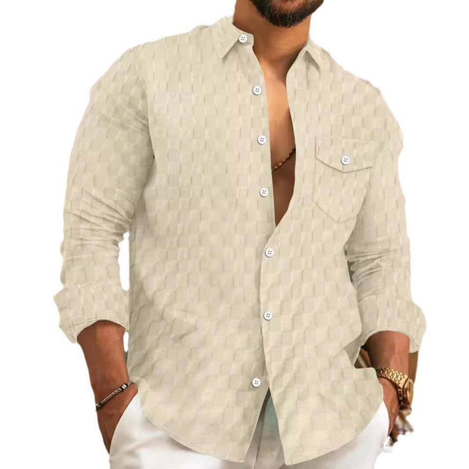 Men's Plaid Jacquard Chest Pocket Lapels Long Sleeve Lapel Shirt