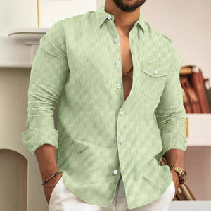 Men's Plaid Jacquard Chest Pocket Lapels Long Sleeve Lapel Shirt