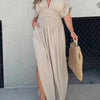 Fashion Bat-sleeved V-neck Slit Dress Summer Short Sleeve Elastic Waist Long Dresses Womens Clothing