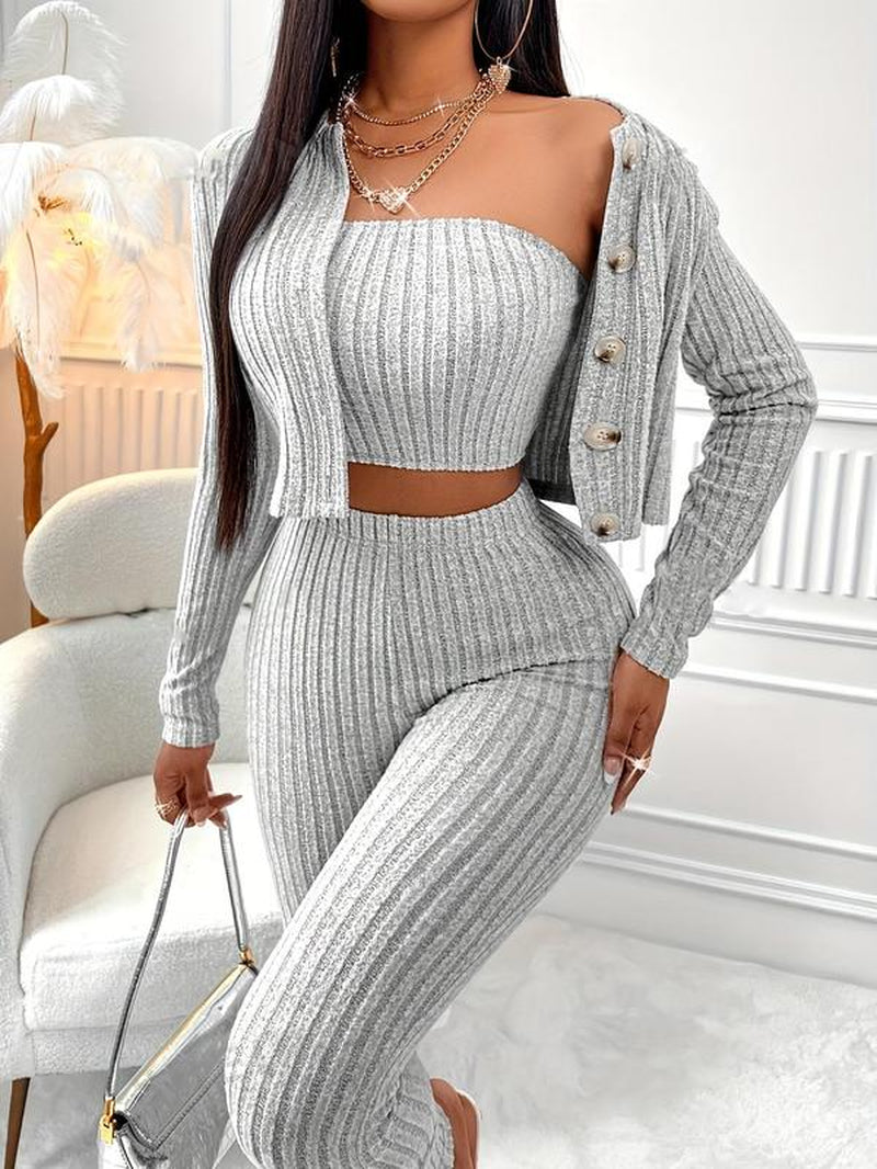Chic 3-Piece Women's Casual Sporty Set: Ribbed Crop Tube Top, High Waist Leggings & Open Front Long Sleeve Jacket for Spring & Fall