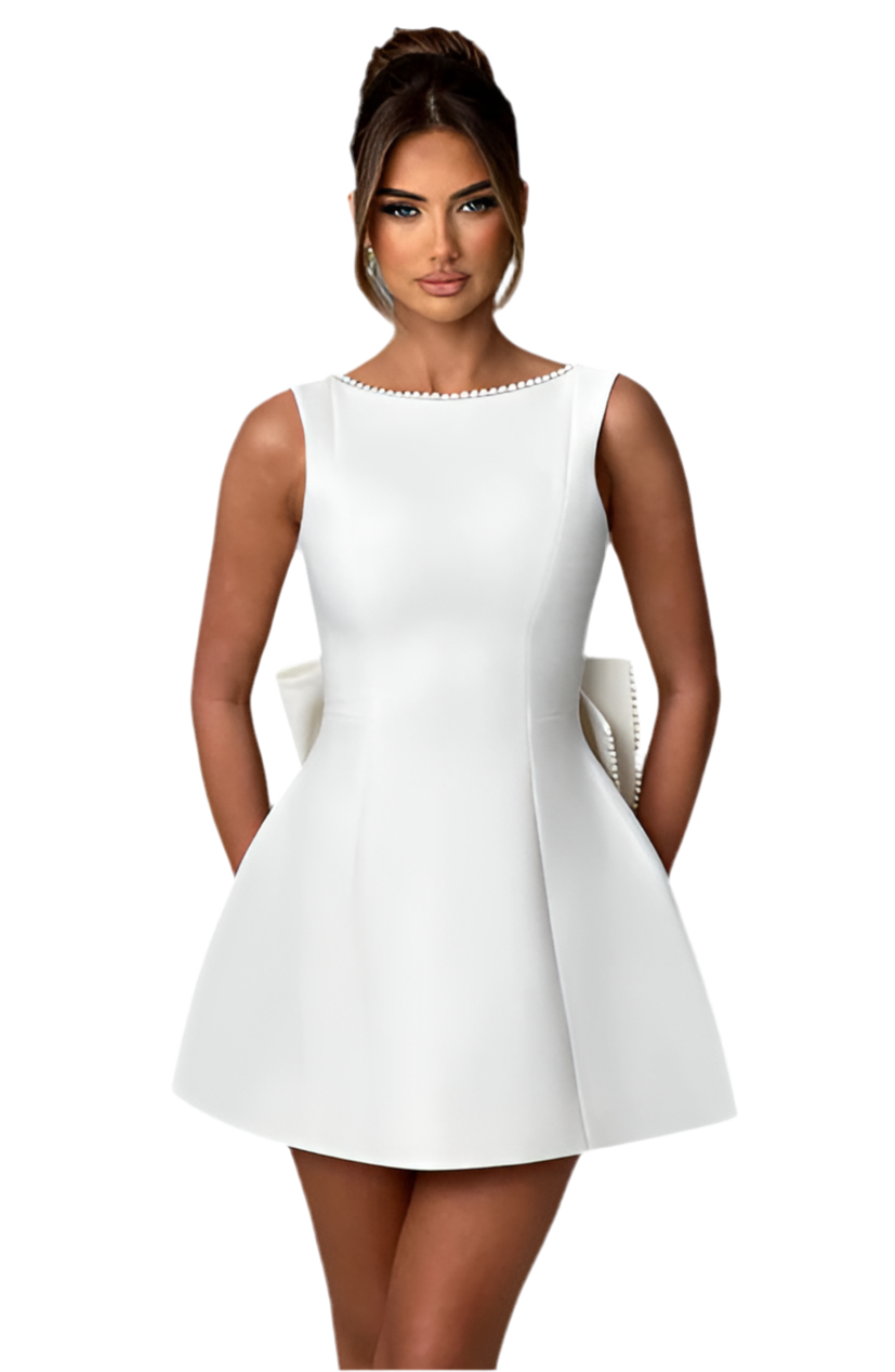 Women's Big Bow Pearl Backless Dress – Elegant Evening Wear