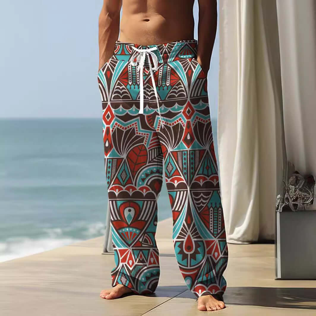 Autumn men's straight-leg baggy pants with 3D vintage ethnic print, ideal for casual sports activities.