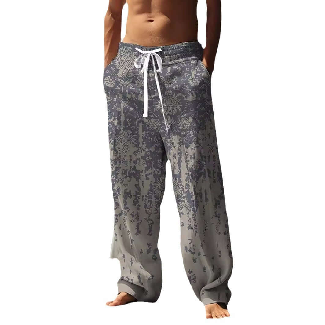 Autumn men's straight-leg pants with 3D vintage print in elastic fabric, featuring a drawstring and casual style.