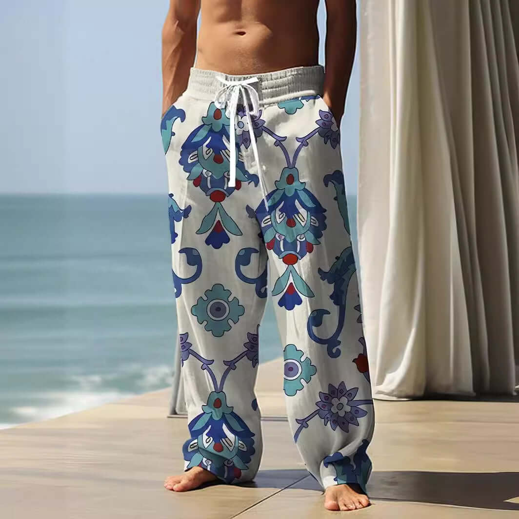 Men's baggy ethnic style pants with 3D vintage print, perfect for casual wear and sports.