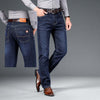 Men's loose straight spring jeans in dark blue denim, featuring elastic fabric and straight-leg design.