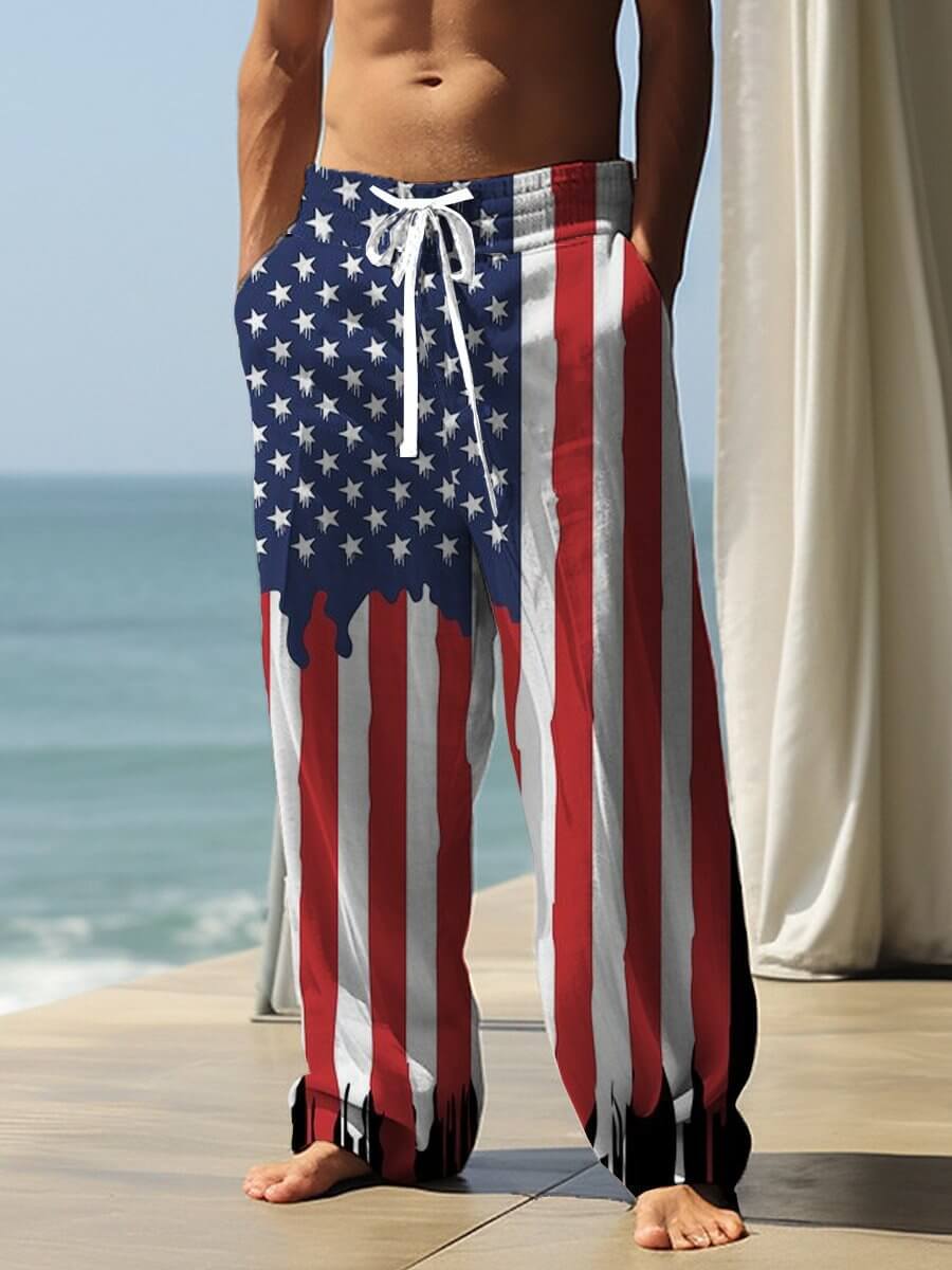 Men's baggy pants with American flag print, perfect for beachwear or casual outings.