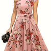 Summer Round Neck Sleeve Waist Belt Slim Print Sleeveless 