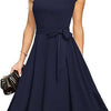 Summer Round Neck Sleeve Waist Belt Slim Print Sleeveless 