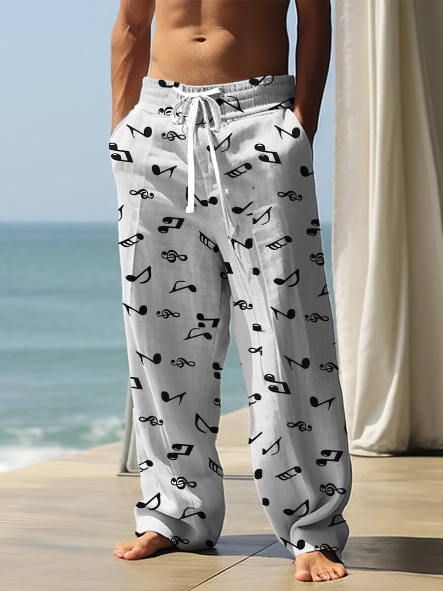 Men's 3D vintage print baggy pants with elastic drawstring, perfect for casual wear by the beach.