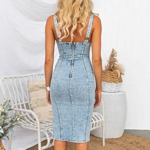 Cross-border Amazon Independent Station U-neck Sling Distressed Casual Style Denim Dress