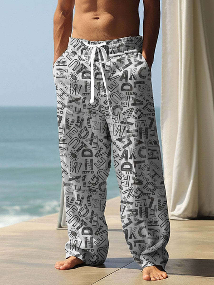 Autumn men's baggy straight-leg pants with 3D digital vintage print by the beach.