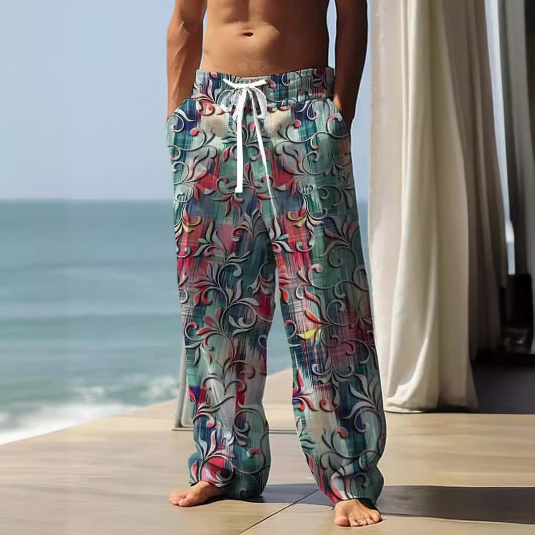 Autumn men's baggy straight-leg pants with 3D vintage print, ideal for sports and leisure.