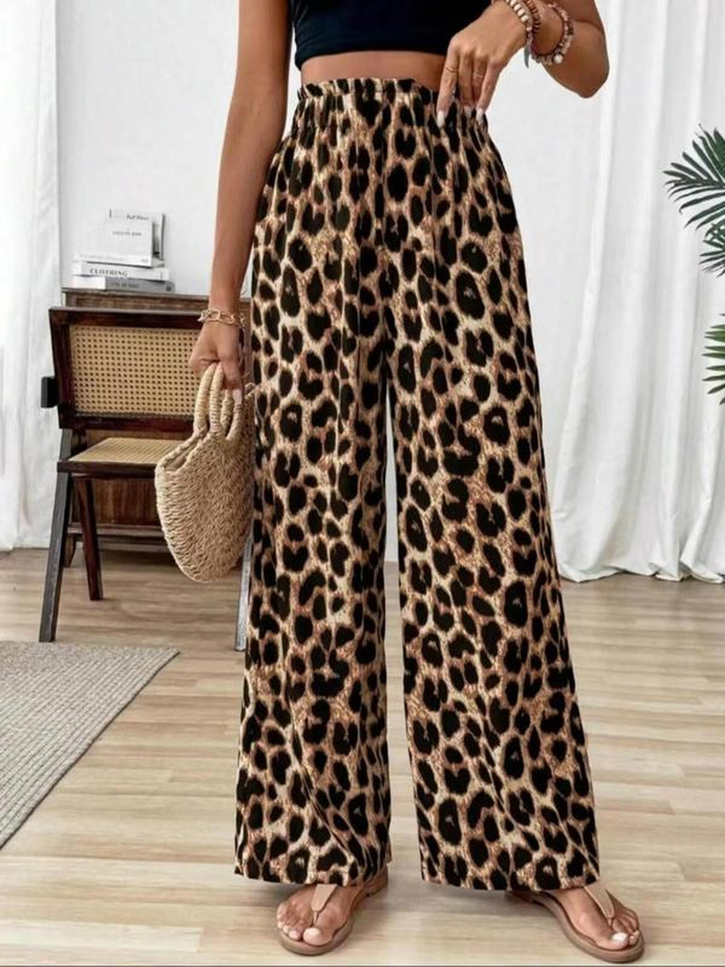 Women'S Leopard Print Wide Leg Pants, Casual Comfy Trousers for Daily Wear, Ladies Bottoms for All Seasons