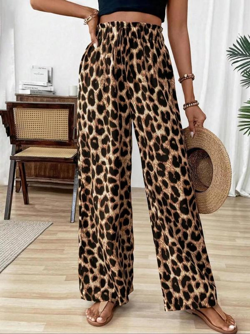 Women'S Leopard Print Wide Leg Pants, Casual Comfy Trousers for Daily Wear, Ladies Bottoms for All Seasons