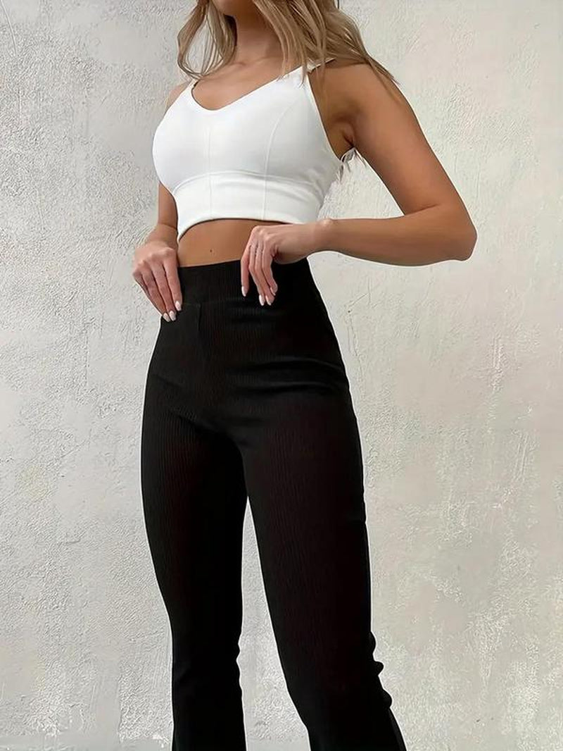 Women'S Plain High Waist Ribbed Flare Leg Pants, Basic Comfort Elastic Waist Bell Bottom Trousers Flared Pants, Rib Flares Pants, Lady Summer Bottoms for Daily Wear, Womenswear Rib Flares, Flare Pants