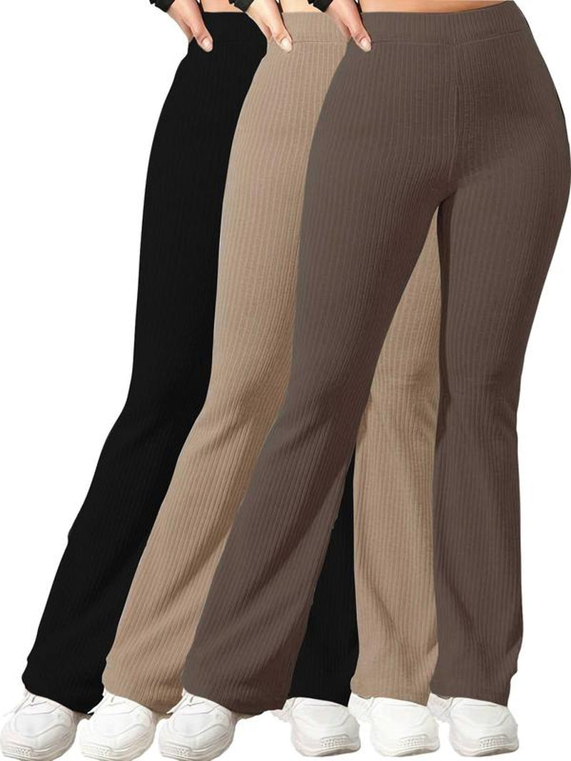Women'S Plain High Waist Ribbed Flare Leg Pants, Basic Comfort Elastic Waist Bell Bottom Trousers Flared Pants, Rib Flares Pants, Lady Summer Bottoms for Daily Wear, Womenswear Rib Flares, Flare Pants