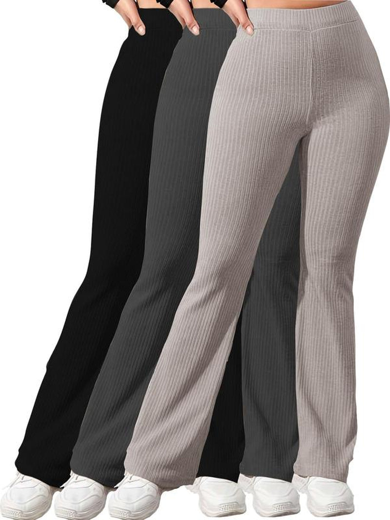 Women'S Plain High Waist Ribbed Flare Leg Pants, Basic Comfort Elastic Waist Bell Bottom Trousers Flared Pants, Rib Flares Pants, Lady Summer Bottoms for Daily Wear, Womenswear Rib Flares, Flare Pants