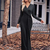 V-neck Solid Color Kink Waist Long Sleeve Dress